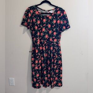 LuLaRoe Black Midi Dress with Vibrant Red Floral Design